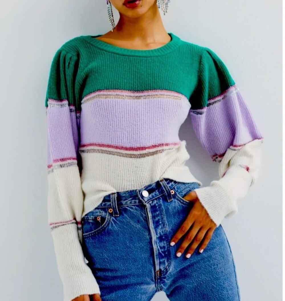 FOR LOVE AND LEMONS Arielle Puff Sleeve Color Block Striped Sweater Medium